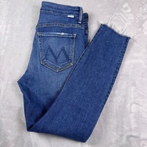 Mother High Waisted Looker Ankle Fray Jeans Big Sky Blue Skinny Raw Hem Size 28*